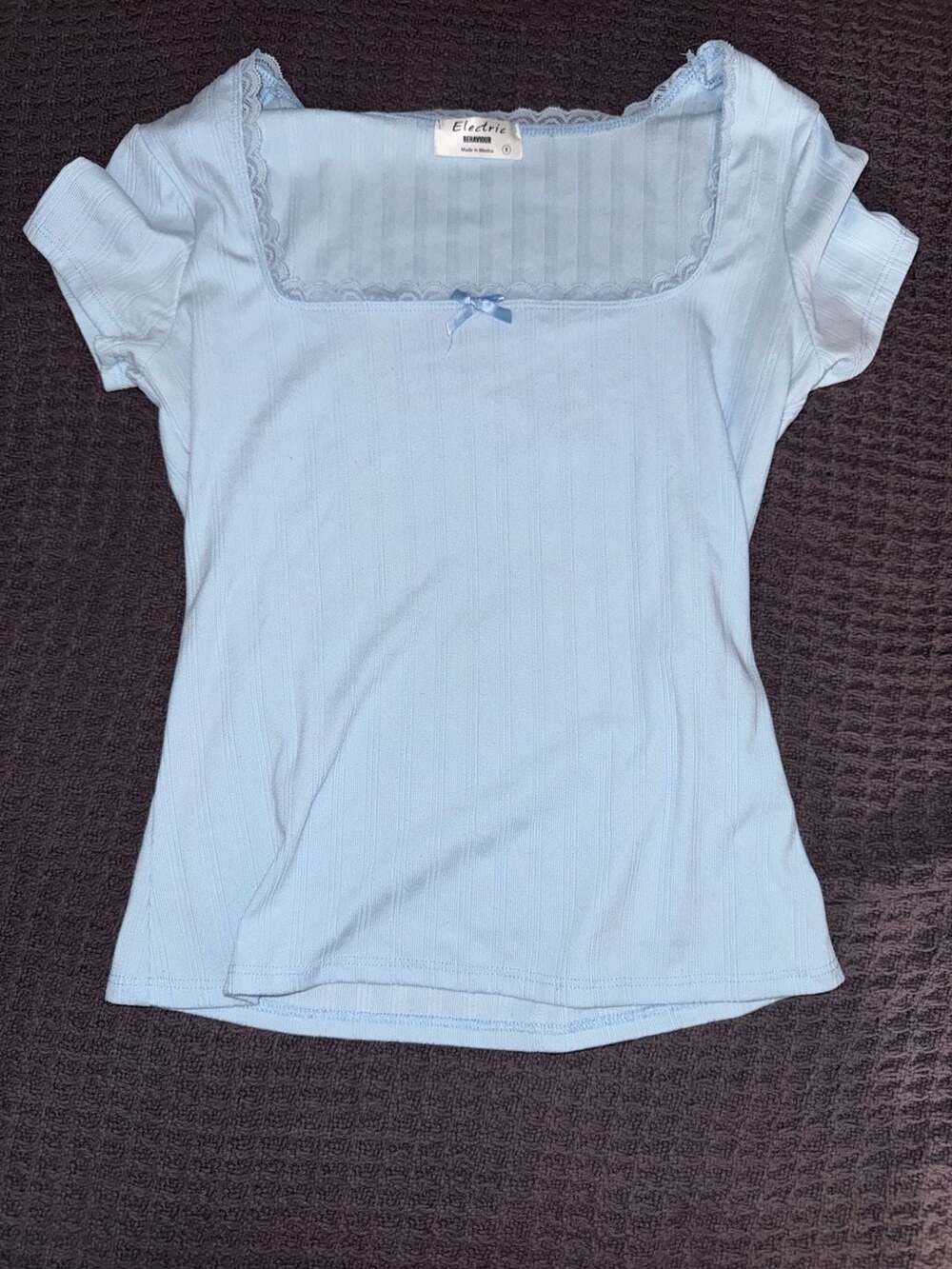 Electric Behaviour Light Blue Ribbed Knit Top with Lace Trim and Bow